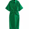 TRAF Women Chic Fashion Button up Draped Midi Shirt Dress Vintage Short Sleeve Side Zipper Female Dresses Vestidos 220630