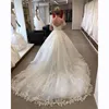 2022 Princess Delicate Lace Ball Gown Wedding Dress Appliques Ivory Tulle V Neck Wedding Gowns Off Shoulder Open Back Classy Country Bridal Dresses Robe De Mariee