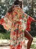 2022 Bohemian Floral Printed Front Open Summer Women Beach Wear Wrap Dress Chiffon Tunika Sexiga Sarongs Robe De Plaage Pareo Q751 G220510