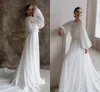 White Chiffon Scoop Long Sleeves A-Line Wedding Dresses 2022 Chapel Train Custom Made Bridal Gowns Vestidos De Noiva Simple