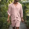 Herren-Trainingsanzüge, Sommer-Männer-Outfit-Set, Baumwolle, Leinen, lockere Freizeit, Strandurlaub, kurzärmeliges Hemd, Shorts, 2-teilige Herrenbekleidung