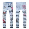 Herr jeans mode varumärke för män rippade hål graffiti byxor smala byxor mäns denim stretch crown ljus blå svart dyl027men's