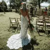 Spaghetti Paski Koronki Boho Suknia Ślubna Rustykalny Styl Backless Mermaid Bohemian Hippie Cywilne suknie ślubne z pociągiem 2022 Bride Dresses Chic Robe de Mariée