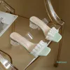 Sandaler Small Size 35-43 PVC Rand Clear Square Heels Ruffles Design Öppna tå kvinnor glider söta dam tofflor utomhus mulor
