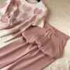 Coréen perlé amour imprimé tricoté doux 2 pièces femmes à manches courtes perles chandails femme hauts + pantalon costume rose survêtement décontracté 220315