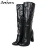 Sorbern Black Knee Hoge Dames Laarzen Vierkante Hakken Ronde Teen Botas Mujer 2019 Half Rits Laarzen Cutsom Color Laarzen