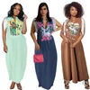 Summer Digital Print Shoulder Tassel Long Dress For Women Hip Hop Street Sleeveless Deep V-neck Maxi Dresses NK307