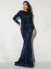 Elegant O Neck Long Sleeve Sequin Maxi Dress Floor Length Stretchy Bodycon Party Dress Gold Green Burgundy Red 220317