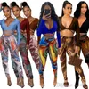 Moda 2 piezas Pantalones de yoga Set Designer Mujeres Ropa Sexy V Cuello de manga larga Encaje hacia arriba Tops de cultivos Impreso Malla de malla Trajes 2022