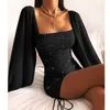 Wepbel yüksek bel uzun kollu kılıf mini elbise mavi düz oturan yaka seksi elbise düz renk moda moda ince fit bodycon elbiseler 220409