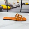 Sandalias de perlas con punta cuadrada para mujer, zapatillas de moda con diseño de marca, zapatos de cuero genuino, novedad de 2022