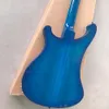 4 Strings Blue Electric Bass Guitar com duas tomadas, braço de pau -rosa, pickguard branco, personalizável