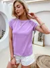 T-shirt da donna in cotone con cuciture in pizzo solido casual estivo Maniche scavate o-collo top femminili per il tempo libero Basic 220402