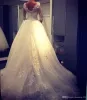 Mangas elegantes 2022 vestidos de casamento longos vestido de noiva com apliques de renda gola alta frisada tule trem de varredura feito sob encomenda plus size vestido de novia