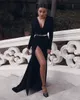 Sexy High Thigh Split Black Evening Dresses Long Sleeves V Neck Women Formal Occasion Gowns Met Gala Celebrity Wears BES121254K