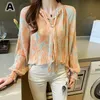 Blouses feminina camisas Tops femininos 2022 Moda Casual Tie Tye Pressado Dobrado Manga Longa Camisa de Chiffon Lanterna Bow SJ596Women's