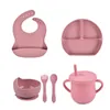 6PCS/Set Baby Silicone Tableware Cup Bowl Plate/Tray Bibs Spoon Fork Sets Children Non-slip Feeding BPA Free Dinnerware Dinner 220624