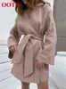 Ootn Casual Women Wrap Dress Cotton Linen Autumn V-hals långärmad vestido bälte snörning Lös elegant mini Robe Comfort 2022 T220804