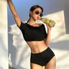 Dames Badmode Sexy Off-shoulder Bikini Dames Effen Zwart Hoge Taille Badpak Badpak met korte mouwen Push Up Biquini Crop Top Padswomen