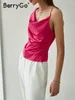 Berrygo Elegant Office Lady Silk Top Pink Summer Satin Crop Top met onregelmatige riemen Fashion Zipper Pure tanktop Women 220514