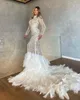 2022 Plus Size Arabic Aso Ebi Luxurious Mermaid Pearls Wedding Dress Long Sleeves Feather Bridal Gowns Dresses ZJ205
