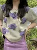 女性用セーター夏3次元の花編みセーター女性パフスリーブ3Dフラワーズニットウェアプルオーバークロップトッププルフェムマウォメン