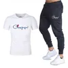 22 Sommar Fashion Leisure T-shirt + Byxor Mäns Set Tracksuit Sportkläder Track Passar Man Sweatsit Kortärmad Vit Svart T-shirt