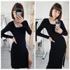 Mnealways18 Split Sexy Solid Knitted Dress Long Sleeve Khaki Ribbed Casual Women Dresses Midi Autumn Winter Ladies Bodycon Dress 220316