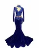 2022 Royal Blue Prom Dresses Black Girls Sequined Lace see through Long Sleeves Lace Appliques Beads Sequins African Formal Evening Mermiad Party Dress High Neck