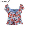 Kpytomoa Mulheres doces moda impressão floral com babados de babados de bagunça vintage traseira lateral elástica camisas femininas blusas tops chic lj200812