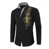Men's Luxury Gold Long Sleeve Shirt Business Dress Black Prom Social Print Shirt