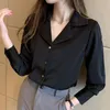 Kadınlar bluz gömlekleri katı düğmesi saten bayanlar bahar ofis bayan iş kıyafetleri temel üstleri uzun kollu siyah beyaz ince femmewomen's women'sw