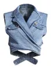 [EAM] Women Blue Denim Irregular Blouse Lapel Long Puff Sleeve Loose Fit Shirt Fashion Spring Autumn 1Z595 220407