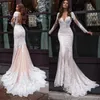 Gorgeous Long Sleeve Lace Mermaid Wedding Dress 2022 Illusion Tulle Bridal Gown Sheer O-Neck