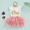 Set di abbigliamento 0-18 mesi Neonate nate 3 pezzi Vestiti di compleanno Una lettera Manica pagliaccetto Tutu di pizzo Gonne FasciaAbbigliamento AbbigliamentoAbbigliamento