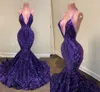 2022 Purple Sparkly Sequined Lace Lange Avondjurken Dragen Sexy Backless Halter Afrikaanse Meisjes Mermaid Pailletten Dames Formele Prom Party Jassen Plus Size