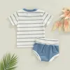 15954 Summer Europe Infant Baby Boys Set Kids Short Sleeve Stripe T-Shirt Shorts 2pcs Set Children Outfits