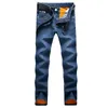 Mäns jeans 2022 Mens Winter Blue Fleece fodrad stretch denim varm för män designer Slim fit bikrer ungdom 28-38