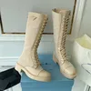 Women Designers Desert Black Brushed Leather Nylon Boots Knee Lace Up Martin Boot