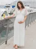 Maternity High Quality Lace Dress Pregnant Women V-Neck Short Sleeve Gown Pleated Pregnancy Pography Props Clothes Summer 220419