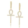 Pendientes colgantes con llave Ankh, joyería de Hip Hop, pendiente cruzado de circón con diamantes a la moda para hombre, oro y plata