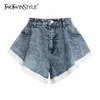 Twotwinstyle Elegant Women Denim Shorts Alta cintura de retalhos atinge shorts de babados coloridos para roupas de moda feminina verão 210302