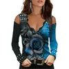 Casual Dresses Women Cold Sleeve Shoulder Tops With Sexy V-Neck Rose Pattern Color Matching Spring ClothingCasual