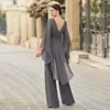 Ny grå jumpsuit mamma till bruden klänningar chiffong outfit för vestidos de boda invitada asymmetrisk hem madrina slitage