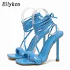 Nxy Sandals New Sweet Purple Green Pink Patent Leather Women Lace Up Sexy Thin High Heel Shoes Ladies Strippers