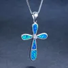 Pendant Necklaces Ladies Fashion Blue Fire Opal Cross Necklace Inlaid Silver Color Cz Bridal Wedding Jewelry GiftPendant