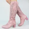 Marque Broderie Mi-mollet Femmes Rose Cowboy Cowgirls Casual Western Bottes Chunky Bout Pointu Chaussures Femme En Gros 220720