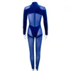 Kricesseen Sexy Blue Velvet Mesh Patchwork Skinny Long Pant Phemsuit Women Shut Rompers Clubwear Sails Outfits 220714