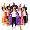 Kids Halloween Costume Witch Wizard Cloak Cape with Hat Set Anime Cosplay Party Stars Pattern Girls Boys Magician Outfit 7colors