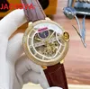 Big Double Diamonds Ring hommes montres mécaniques automatiques 46mm Cuir Tourbillon President Day Date suisse Hollow Skeleton Flowers Watch Relogio Masculino